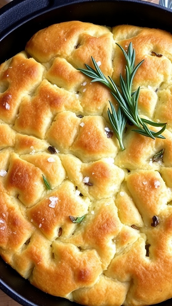 Golden brown focaccia bread in a cast iron skillet, topped with rosemary and sea salt.